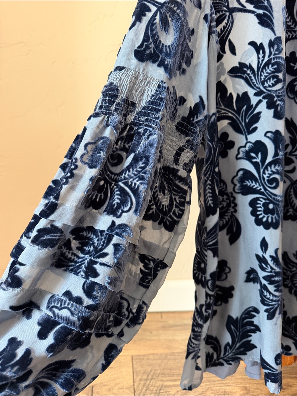 Sundance Boho Floral Burnout Velvet Top Silk Blend Bell Sleeves Blue, medium - Picture 5 of 10